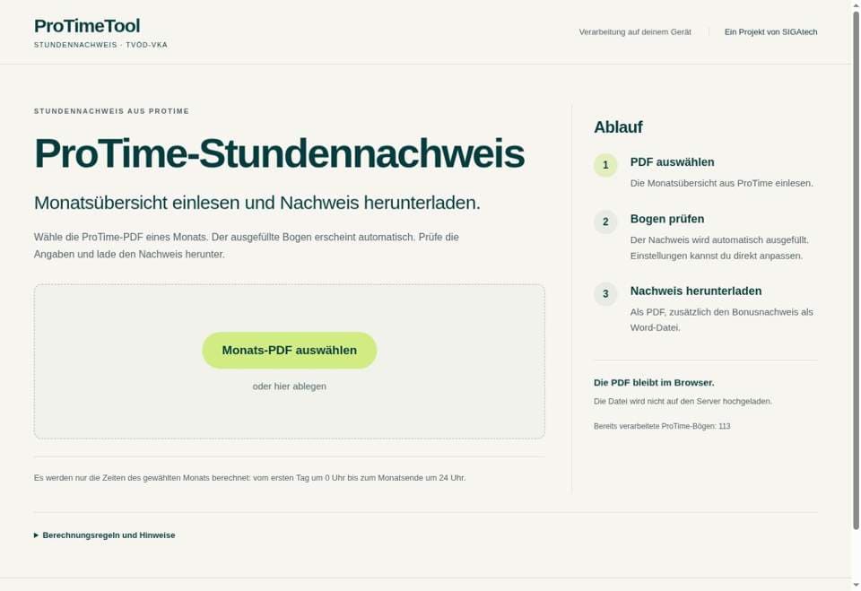 Ansicht der Website von ProTimeTool