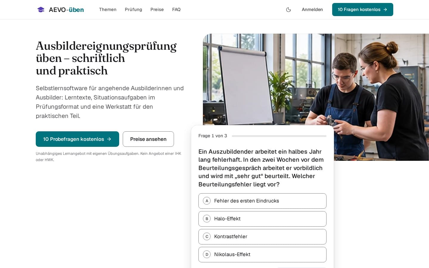 Ansicht der Produktwebsite AEVO-üben