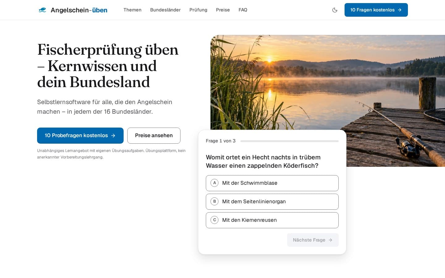 Ansicht der Produktwebsite Angelschein-üben