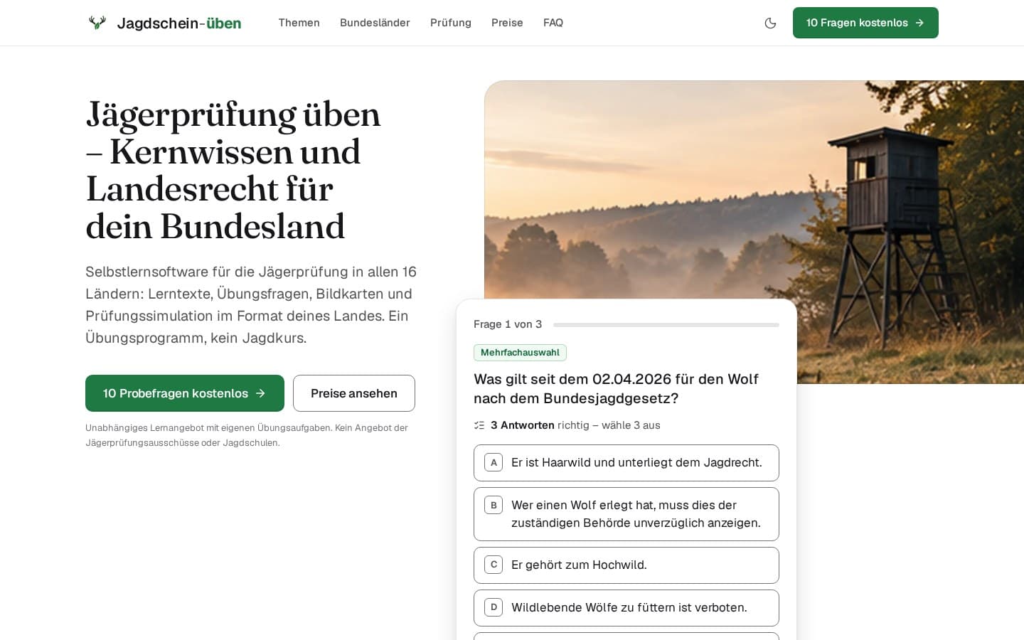 Ansicht der Produktwebsite Jagdschein-üben