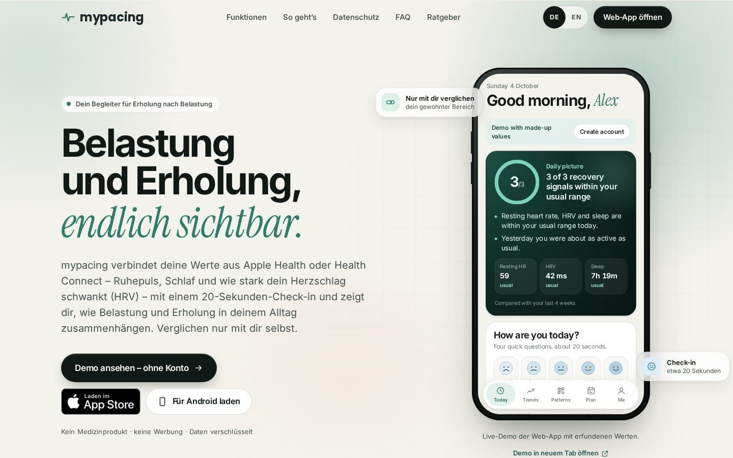 Ansicht der Produktwebsite mypacing